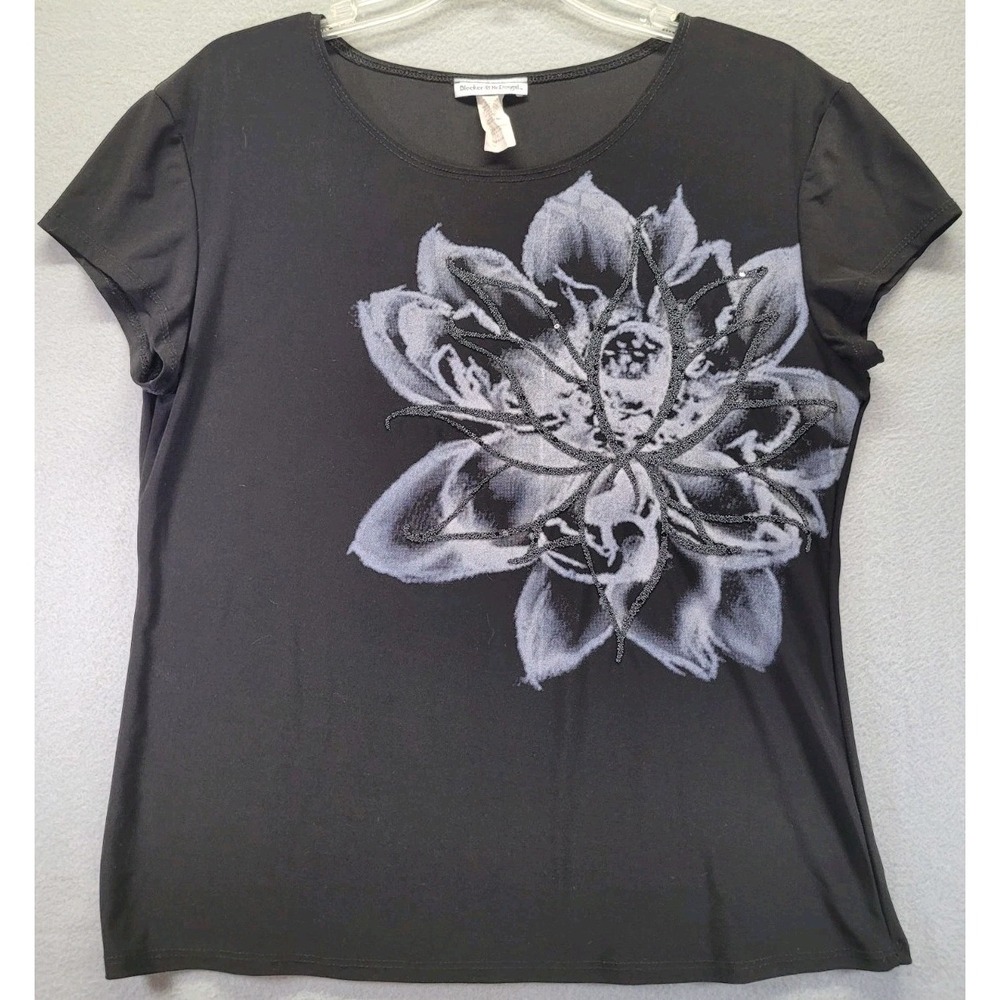 Bleaker & Mcdougal Blouse Black With Beaded Flower Women XL Stretch Made In USA